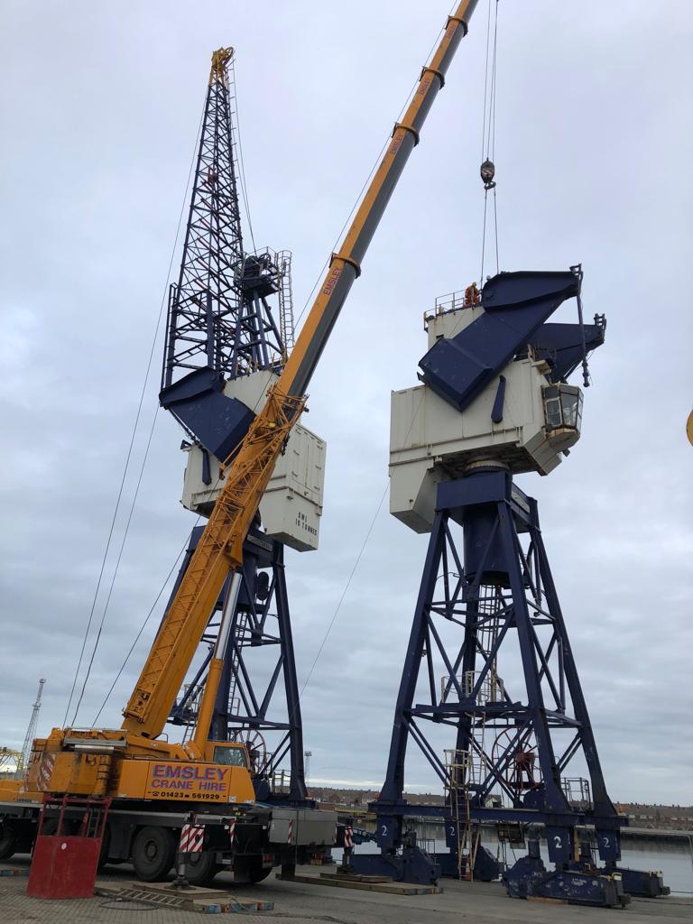 CLSconstruct's tweet photo. CLS carrying out the demolition of 2 dockside cranes up in Hartlepool over the next few weeks #clsdemolition #demolition #CLS #clscivilengineering #clsconstruction https://t.co/58SxFl6wBV