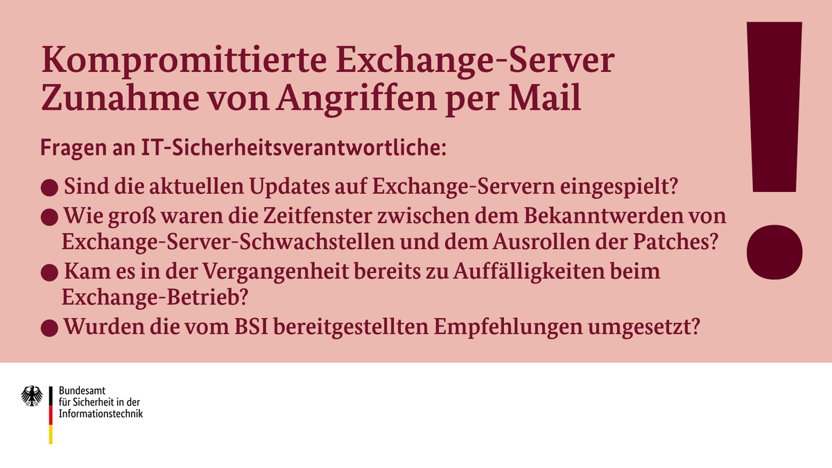 📢❗ Wir beobachten aktuell eine deutliche Zunahme von Angriffen per E-Mail. Wir gehen davon aus, dass dafür seit längerem kompromittierte #Exchange-Server verwendet werden. Bewertung, mögliche Auswirkungen und Empfehlungen: ➡bsi.bund.de/SharedDocs/Cyb… #DeutschlandDigitalSicherBSI