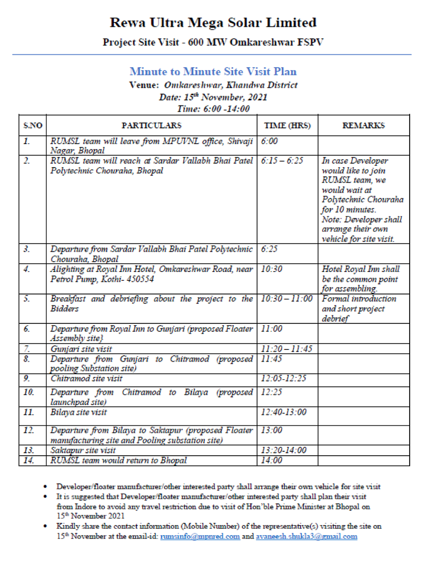 RUMSL is facilitating a site visit at Omkareshwar on 15th November. Please refer to the site visit plan