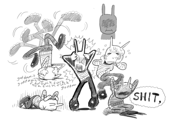 decided to cope with sudden mental bad thoughts by drawing him EXPLODING in a silly way 