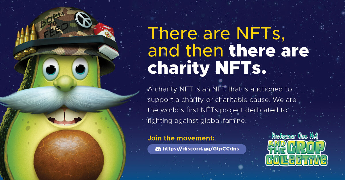cropcollectNFT's tweet photo. There are NFTs and there are charity #NFTs 💚
A charity NFT is auctioned to support a charity/charitable cause.

Professor One Nut and The Crop Collective is the world’s first NFT project dedicated to fighting against global famine.  💪#socialcharitynfts https://t.co/LXqr8gZ7uk