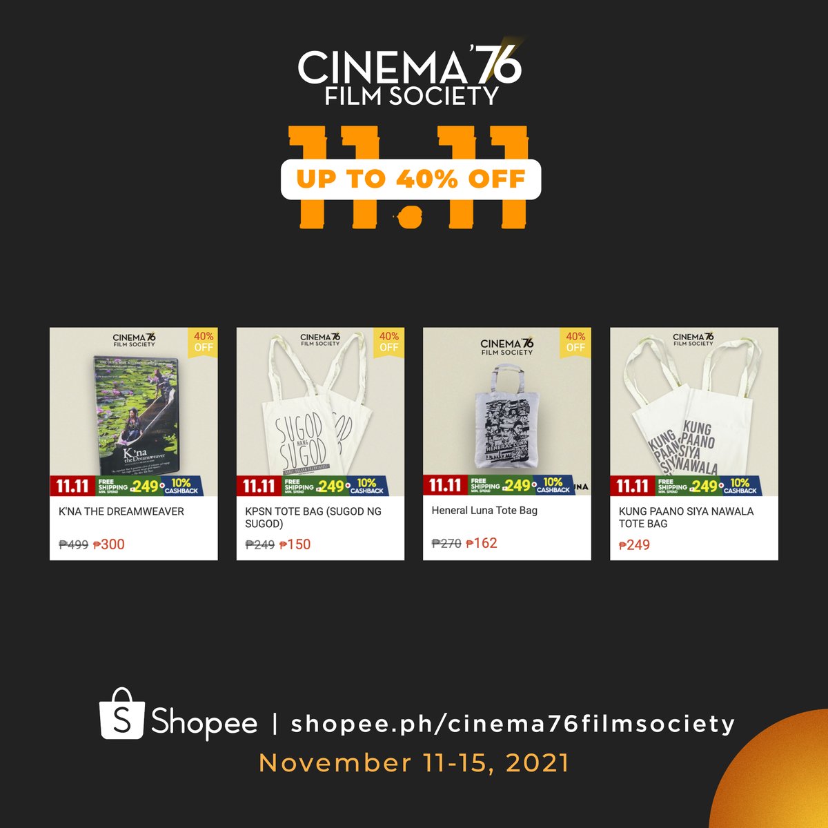 cinema76fs's tweet photo. Hurry and let's shop at Cinema '76 Film Society 11.11 Sale!

Discounts up to 40%! Sale runs from November 11-15, 2021 only on: 
🛒 https://t.co/9GtPsxRbN7
🛒 https://t.co/9GtPsxRbN7
🛒 https://t.co/9GtPsxRbN7 https://t.co/auBEZ7uAkO