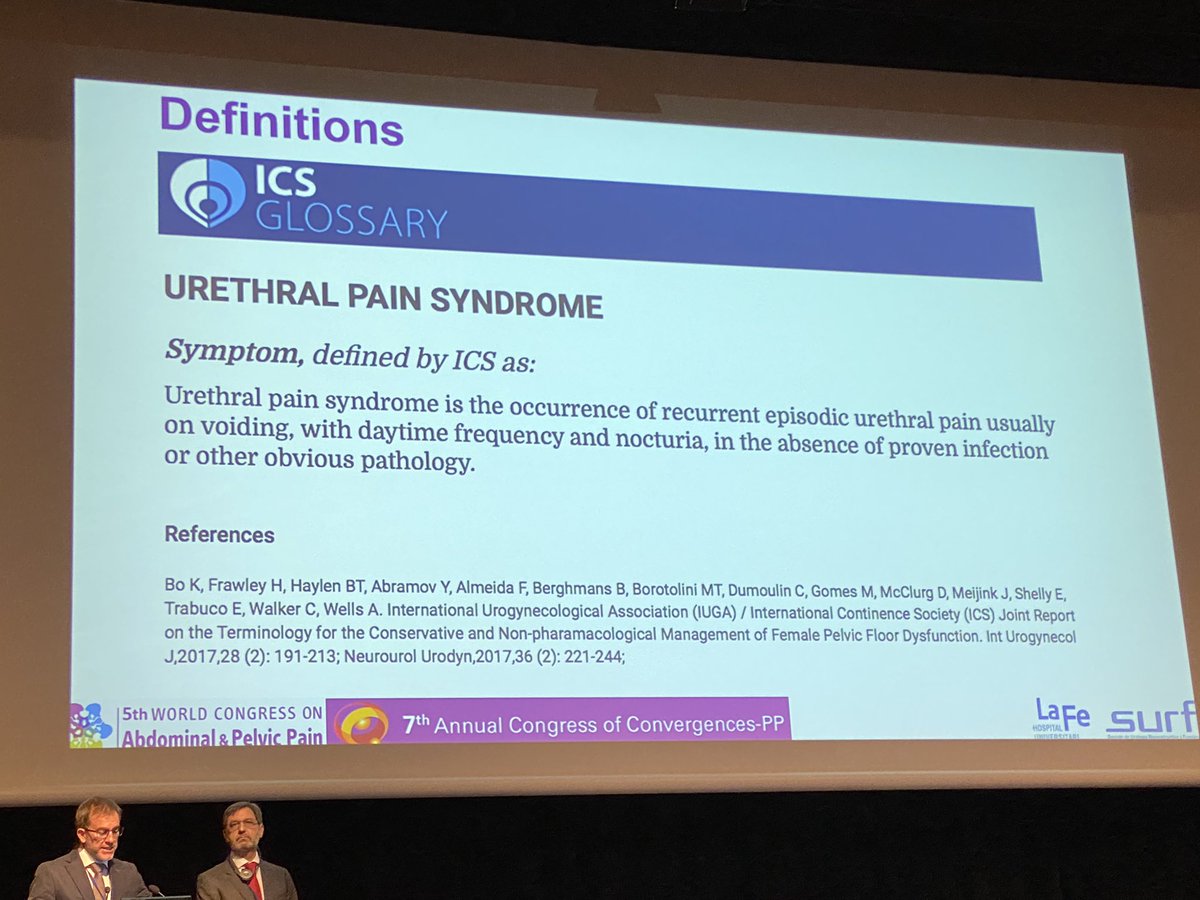 APP_IASP's tweet photo. Moving on to Urinary Pain Syndrome with a notice up front of the talk that there is little evidence for treatments.
There is also an estimate of 20% of women will suffer from Urethral Pain Syndrome.
#WCAPP https://t.co/43hmTfvZa9