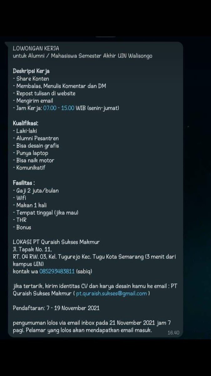 Luthfilbda's tweet photo. Ada yang menarik dari info Loker ini, yaitu tidak seperti biasanya menempatkan Alumni Pesantren bersama dengan kualifikasi yang lain. Padahal jika dilihat-lihat, tidak ada sangkut pautnya dengan jobdisk yang ditentukan. https://t.co/It52n8WZO7
