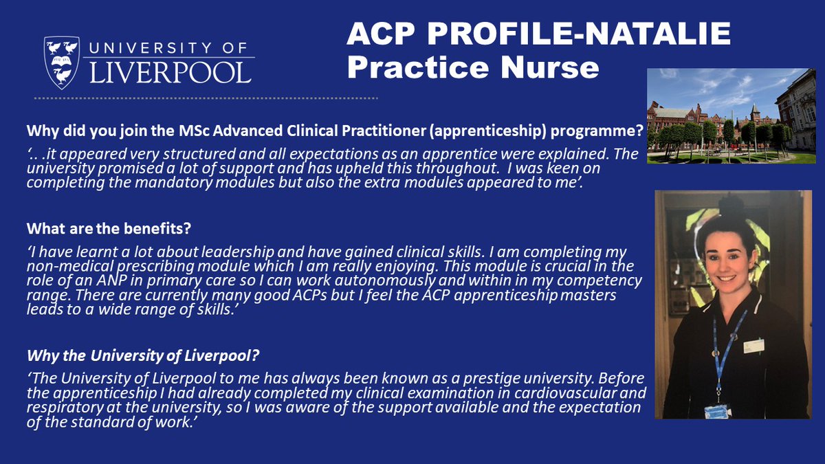 LivUniAdvPract's tweet image. What a fantastic celebration of #AdvacedPractice #AdvPracWeek21 has been! Here&apos;s Natalie, another of our ACP apprentices, sharing here experience of studying with us. @LivUniHealthSci @NHSSFCCG @NHSHEE_NWest @NatalieCheston @AAPEUK