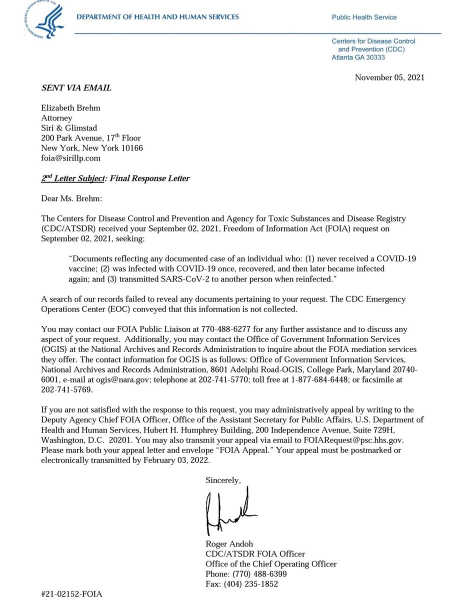 CDC does not recognize natural immunity.

So a lawyer asked them, under Freedom of Information Act, to provide cases where someone recovered from Covid, got infected again and transmitted it.

CDC's response? "We did not find any such case"

Unbelievable.
_