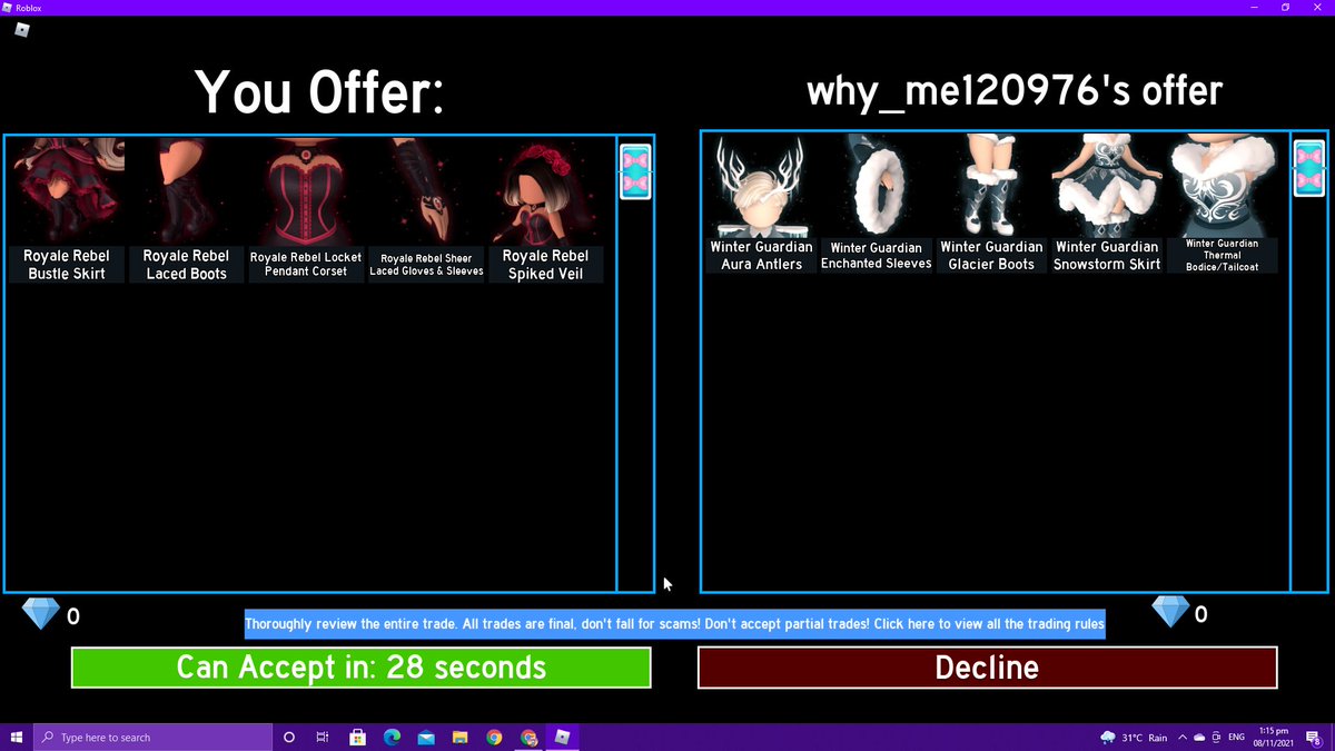 Amy_k2a's tweet photo. I was banned from royale high for 30 years
Username : Amy_k2a
Reason: "Item Seller"?
This isn't against the rules as it is literally just trading items for diamonds
Banned by: James eve
Recent screenshotted trades (you might be able to tell the reason)
Please decrease ban time:< https://t.co/6TS9eMxQDo