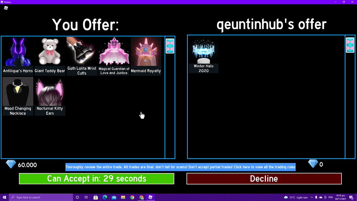 Amy_k2a's tweet photo. I was banned from royale high for 30 years
Username : Amy_k2a
Reason: "Item Seller"?
This isn't against the rules as it is literally just trading items for diamonds
Banned by: James eve
Recent screenshotted trades (you might be able to tell the reason)
Please decrease ban time:< https://t.co/6TS9eMxQDo