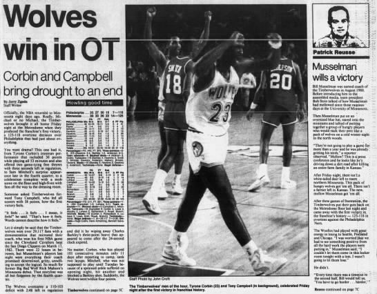 LeClub115's tweet image. #NBA le 10 Novembre 1989, les Minnesota Timberwolves obtenaient leur première victoire en NBA 125-118 en prolongations contre Philadelphie. 

Voici l'article d'époque relatant cette victoire historique pour la franchise ! #RaisedByWolves