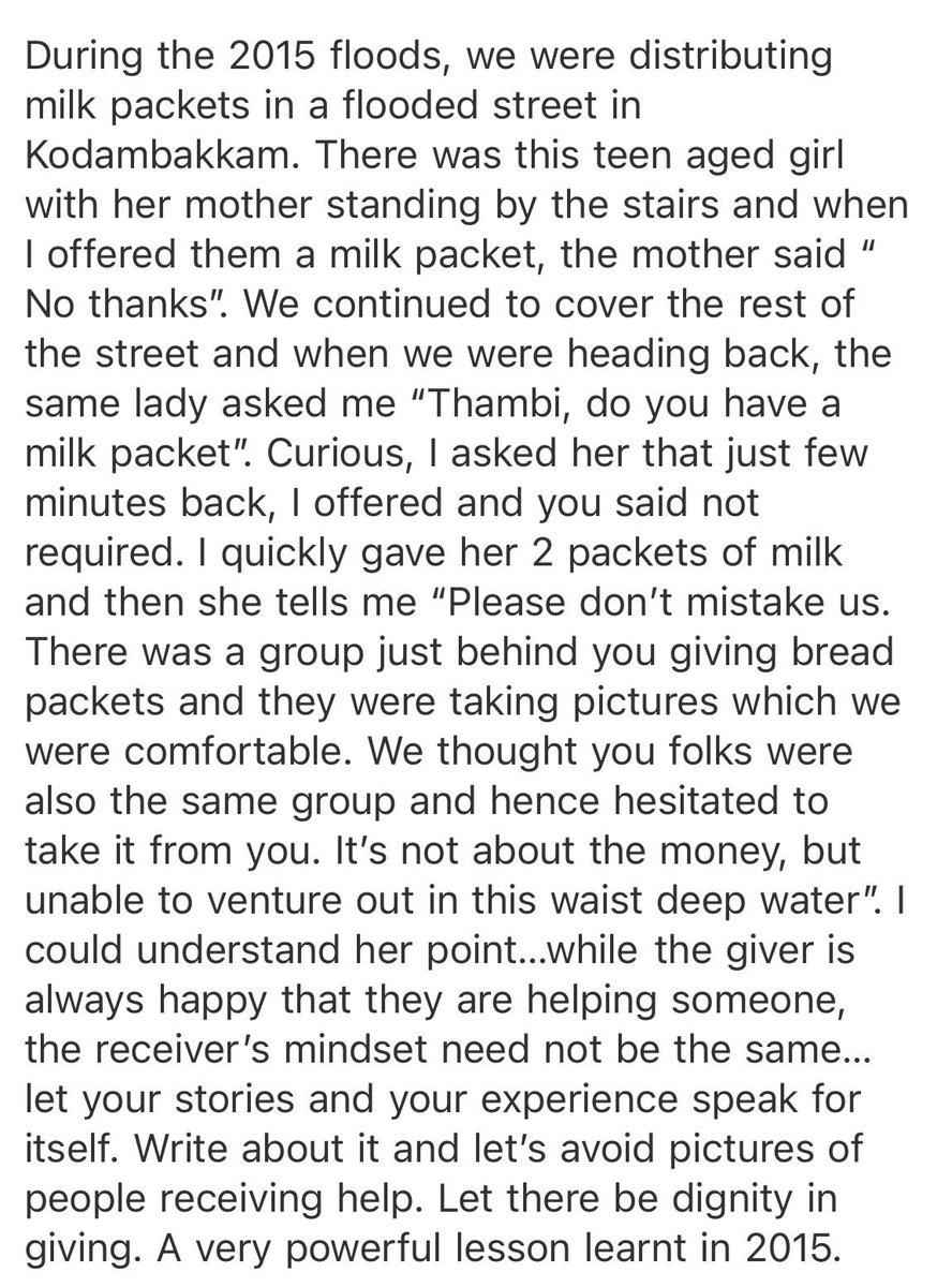 SudharsanSubash's tweet image. If you are out in the streets to help and volunteer, please avoid taking pictures of beneficiaries. Write about your experience and encourage others to do more but preferably without pics. Sharing a small experience from 2015 floods. #Dignityingiving #ChennaiRains #ChennaiFlood