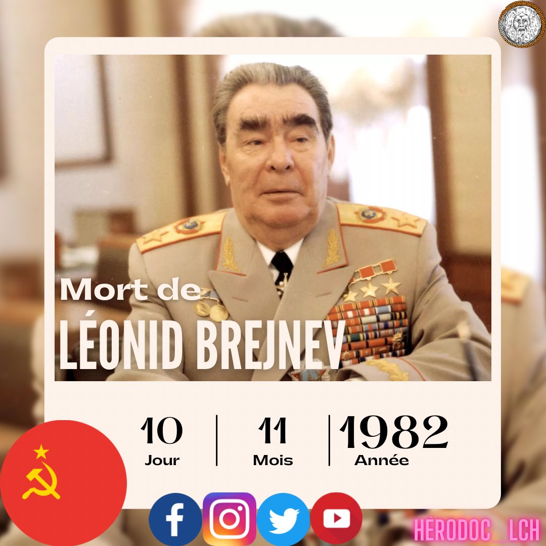 HerodocHistoire's tweet photo. Le 10 novembre 1982, Leonidas Brejnev décède.
L’homme aura dirigé l'Union soviétique pendant 18 ans, de 1964 à 1982.
#brejnev #Russia #russie #urss #histoire #guerrefroide #History #herodoc #CeJourLà #otd
Lien chaîne YouTube :
https://t.co/UzRl5YQbF1 https://t.co/M8RUsYd9jD