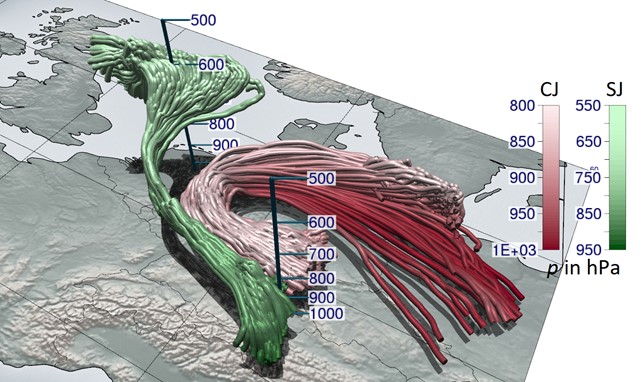 LeaEisenstein's tweet photo. Winterstorms can bring hazardous wind gusts caused by features such as the #coldjet &amp; the rare #stingjet. Within @WavesToWeather &amp; the group of @PKnippertz at @KITKarlsruhe we're working on an objective identification of these. #windfluencer 
@Met_3D vis: https://t.co/MTTlywq1Gk https://t.co/srxSO995YR