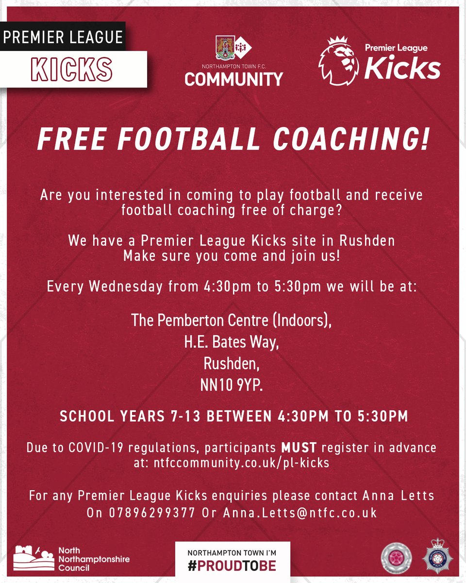REMINDER: Wednesday's #PLKicks Rushden groups are changing session time as we move indoors. 

Our disability group will now take place at 4.00-4.30pm. The older group's session will now take place at 4.30-5.30pm. 

Get Involved for FREE⬇️
ntfccommunity.co.uk/pl-kicks