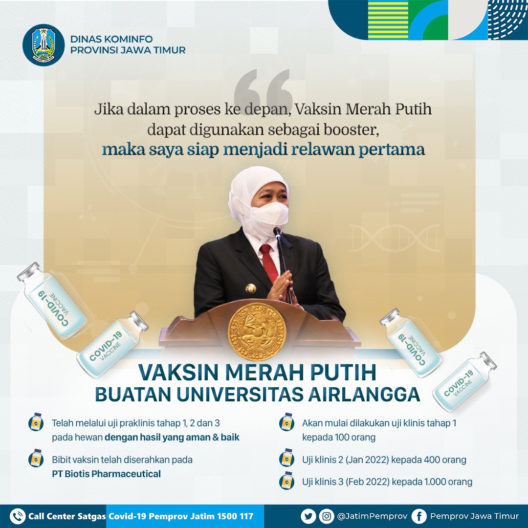 JatimPemprov's tweet photo. Gubernur Khofifah menyatakan kesiapannya dalam mendukung proses percepatan uji klinis Vaksin Merah Putih buatan Universitas Airlangga.
Saat ini pelaksanaan uji klinis Vaksin Merah Putih masih menunggu izin dari Badan Pengawas Obat dan Makanan (BPOM).
@KhofifahIP
@EmilDardak https://t.co/A2IFM3hfS5