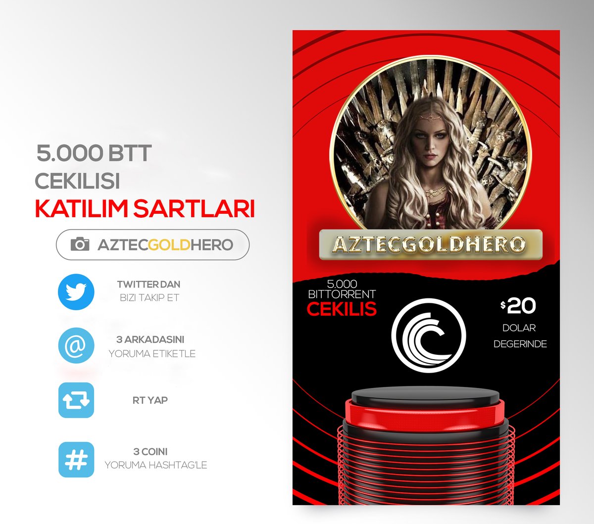 Yukarıdaki tweete 

Rt-Like-yorum yap

Yapılacak çekiliş ile 5k $btt kazanacak 5 kişiden biri ol !!!

#bittorent #10Kasim #Bitcoin