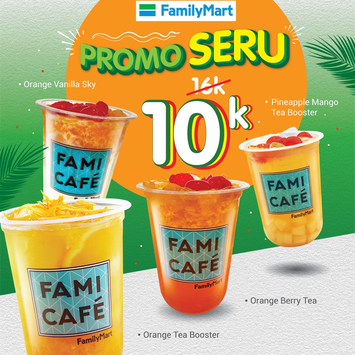 FamilyMart_ID's tweet photo. Serba 10K! untuk semua minuman favorit Orange Series kamu:
- Orange Tea Booster
- Pineapple Mango Tea Booster
- Orange Berry Tea
- Orange Vanilla Sky
Berlaku sampai 30 November 2021.
#famima #orangeseries #freshdrink https://t.co/spRsQrq9zr