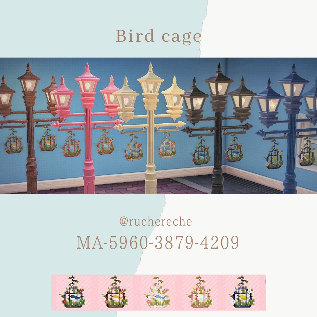 ruchereche's tweet photo. ˗ˏˋ Bird　cageˎˊ˗
旗つきの街灯のリメイクで吊るされた鳥かごを5色展開にしてみました！
ブラウンも若干ですが、修正しております🙇💦
画像小さくてみにくくてごめんね

#どうぶつの森 #AnimalCrossing #ACNH #NintendoSwitch #マイデザイン #マイデザ #あつまれどうぶつの森 #はたつきのがいとう https://t.co/Y6hxXM2K9i