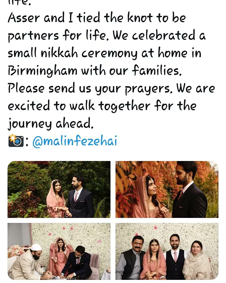 💍 Nobel Peace Prize winner Malala Yousafzai just announced her marriage on Twitter.

Malala was the youngest winner of the Nobel Peace Prize, in 2014, for her work in protecting kids from slavery, extremism and child labor
#MalalaYousafzai #Marriage