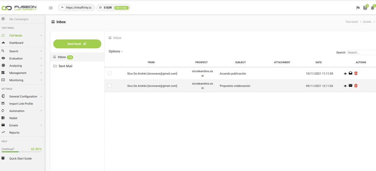 Nueva funcionalidad en Link Affinity!!! Buzón de mail integrado con prospects y contactos para que autogestiones tus colaboraciones de una forma mucho más ágil y sencilla. linkaffinity.io Sin intermediarios @LinkaffinityES