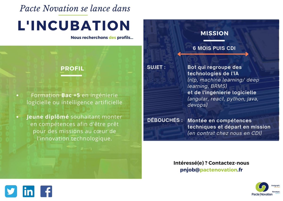 PacteNovation's tweet photo. Nous avons à cœur de recruter nos talents dès la sortie de l’école. Mais quid de leur faible expérience et de l’adéquation de leurs compétences ?

Le Groupe Pacte Novation a mis en place un incubateur de jeunes diplômés qui travailleront pendant 6 mois sur un sujet d’actualité... https://t.co/TLB8uj6pZ6