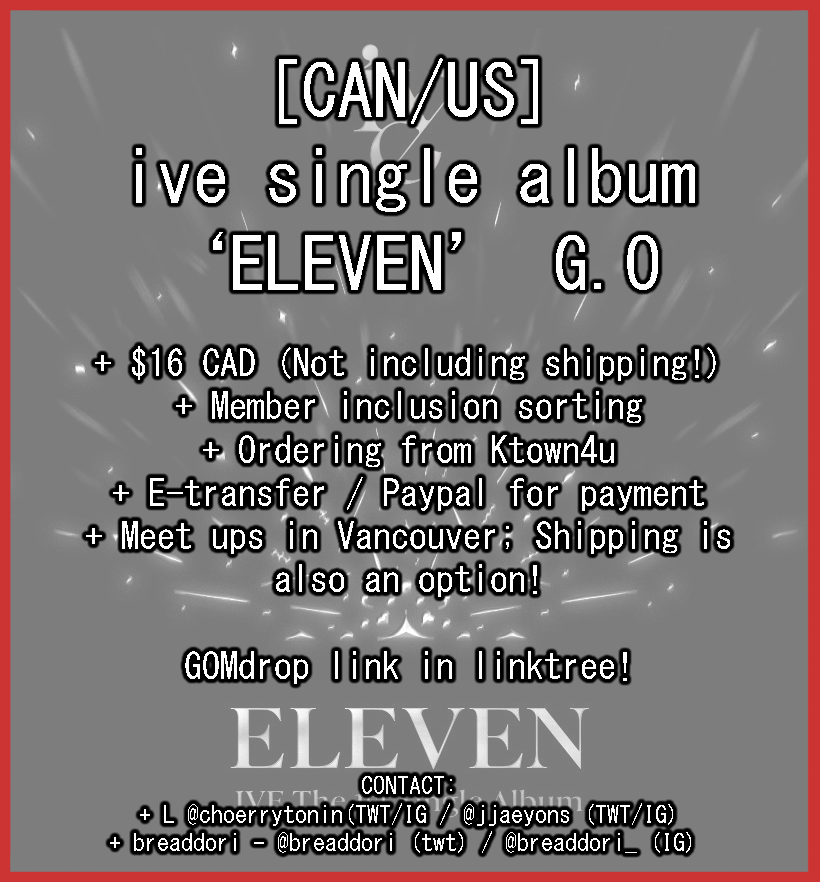breaddori's tweet photo. Hi everyone!

Since Starship is debuting their newest girl group ive, I'm holding a G.O for their 1st single 'Eleven'!

+ CLOSES: NOV27TH, 9PM
+ Ordering from Ktown4U
+ Member sorting
+ E-trans/Paypal

MORE INFO ⬇️
https://t.co/Bmt3UHJsTV

#ivewts #izonewts #izonego #kpop #kpopgo https://t.co/gB9yYZLRpV