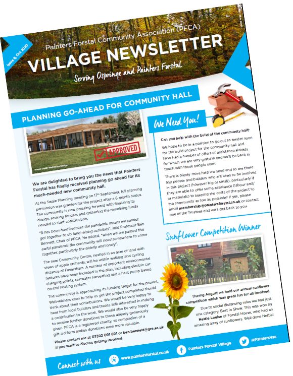 PaintersVac's tweet photo. PFCA is resuming 4 annual newsletters to the communities around Ospringe/Painters Forstal
 
ADVERTISE WITH US
Yearly fees; £25/small printed box or £65/half A5 page. Formats accepted: PDF/JPEG/TIFF/PNG/EPS
 
Next edition by December 

Email us: membership@paintersforstal.co.uk https://t.co/poUicPR6VC