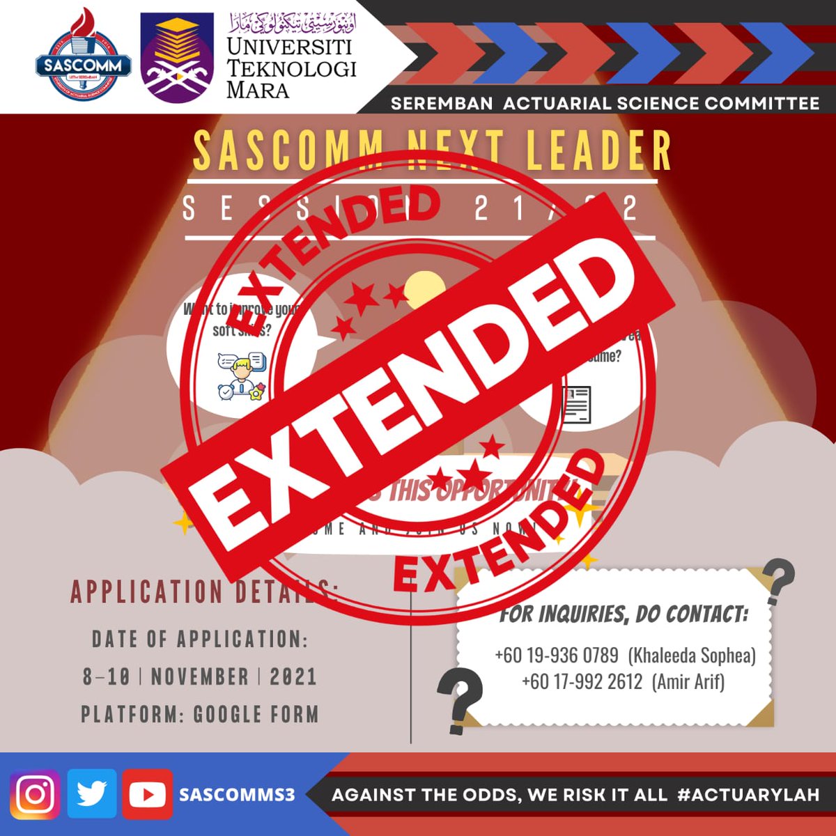 sascomms3's tweet photo. 💡Any inquiries, please refer to:
👩🏻‍🎓 Sophea (https://t.co/7FuMHcfmSX)
👩🏻‍🎓 Amir (https://t.co/v4RzUFxRH6)

Thank you for your consideration. 🙏
"Against the odds, we risk it all"
#actuarylah
🌐 SASCOMM 🌐 https://t.co/WlOukxslqI