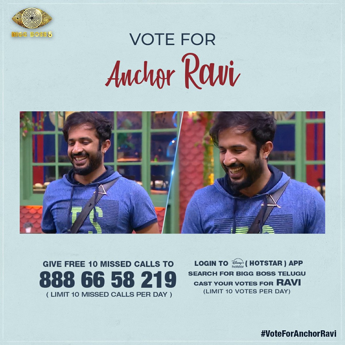 anchorravi_offl's tweet photo. It's voting time 🤘

Let's vote &amp; support our entertainer Ravi  ❤️

#VoteForAnchorRavi 🤘

Please give 10 missed calls to 8886658219.
&amp;
Please install &amp; login to Disney + hotstar, search for Bigg Boss Telugu &amp; Cast your 10 votes daily for RAVI.

#BiggBossTelugu5 #AnchorRavi #Ravi https://t.co/98U9VPw5cx