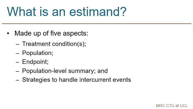 UKCTUNetwork's tweet photo. Brennan Kahan @MRCCTU discusses the key aspects of estimands.   #CTUStatsNov21  #UKCTUNetwork https://t.co/aHdLPO2XOf