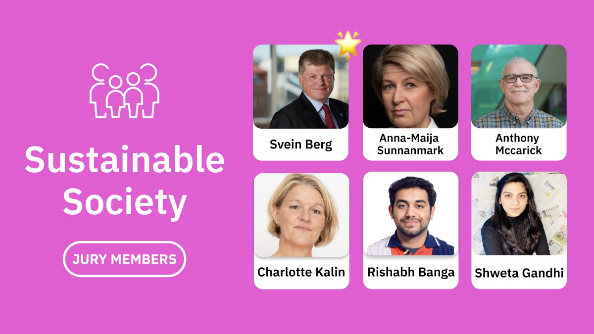 The #SustainableSociety jury members are head juror <a href="/innosvein/">Svein Berg</a>, Anna-Maija Sunnanmark, @Tony_McCarrick, Charlotte Kalin, <a href="/BangaRishabh/">Rishabh Banga</a> and <a href="/ShwetaGandhi10/">Shweta Gandhi</a> 🫂 We're so excited to have you with us!