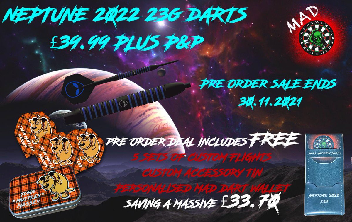 MarkADarts's tweet photo. Neptune 2022 23G Darts pre sale ends 03.11.2021. The photo says the rest 🤪🤙 #NeptuneDarts #MarkAnthonyDarts #customdarts #custumdartsflights #customdartflights #Dartssale #NeptunePreSale https://t.co/tvGQRw6urC