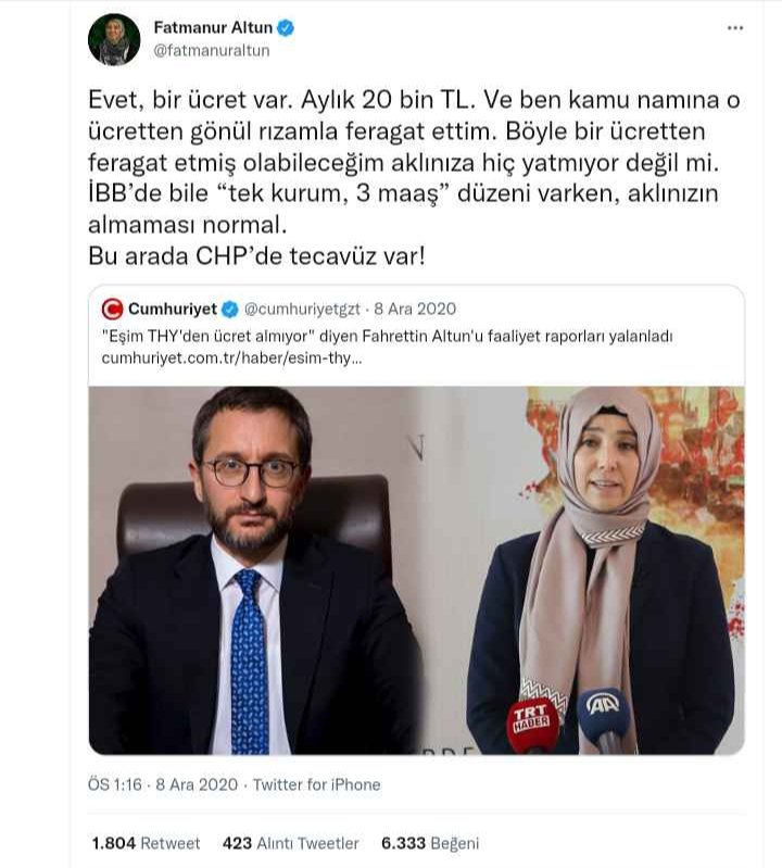 kacsaatolduson's tweet photo. Fatmanur Altun'un THY'den aldığı maaştan feragat ettim derken yalan söylediği, yönetim kurulu kararına uyarak 3-4 ay sonra maaş almayı sürdürdüğü anlaşılalı birkaç saat oldu https://t.co/WEms0lupW3