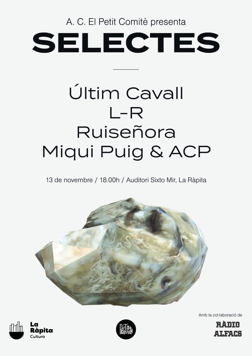 ElPetitComite's tweet photo. L’Associació Cultural El Petit Comitè, amb el suport de l’Ajuntament de la Ràpita, té el plaer d’anunciar-vos que el proper dissabte dia 13 de novembre  a partir de les 18h tindrà lloc SELECTES, una vetllada musical en el marc incomparable de l’Auditori Sixto Mir. https://t.co/efKStXRUL8