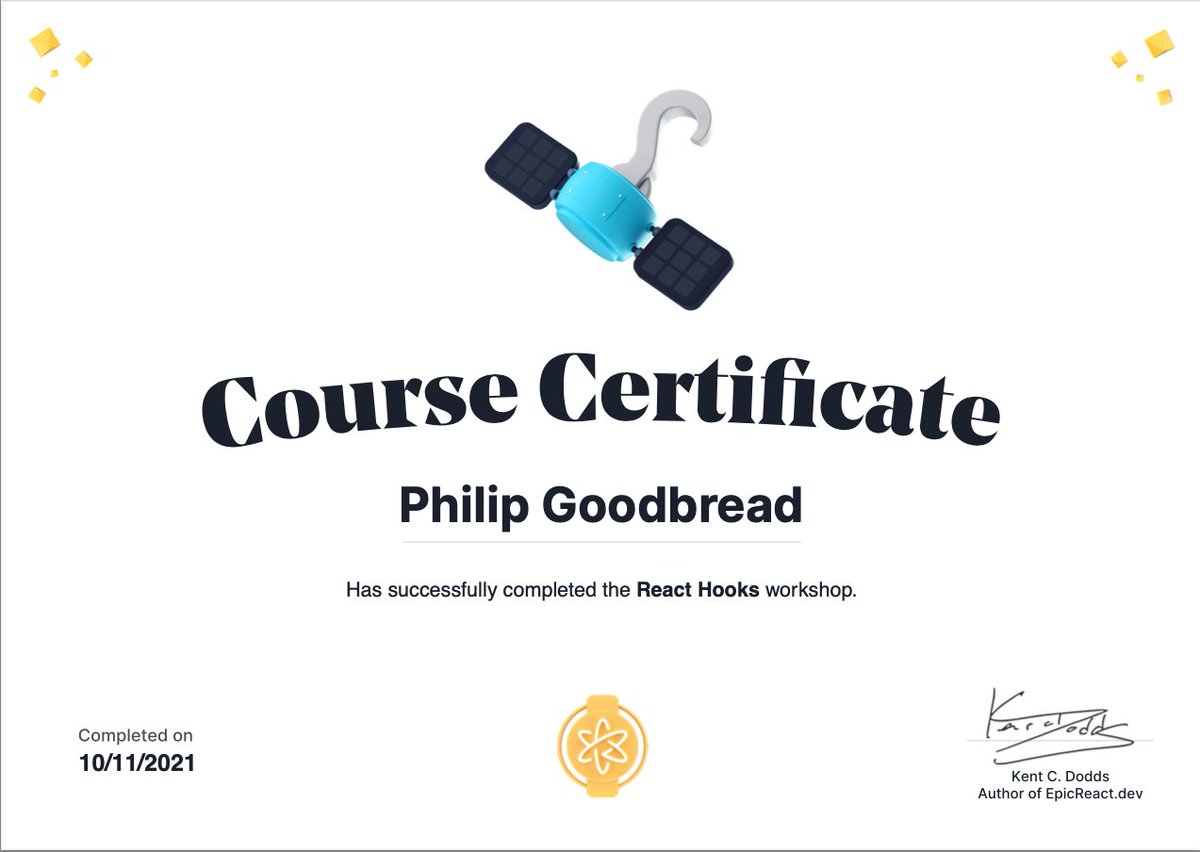 phil_goodbread's tweet image. Just finished the React Hooks chapter from @kentcdodds #EpicReact workshop.
Even though I have prior @reactjs experience, I'm learning a ton of new stuff like ErrorBoundaries and the detailed hook-flow in the component life-cycle! 🤩