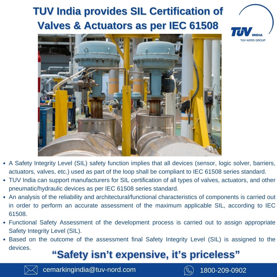 tuvnordindia's tweet photo. TUV India can support manufacturer for SIL certification of all types of valves, actuators and other pneumatic/hydraulic devices as per IEC 61508 series standard.
For more details : https://t.co/iIspFPc59Z
#SIL #safetyintegrity #functionalsafety #IEC61508 #safety #sensor https://t.co/AOQKUb81pF