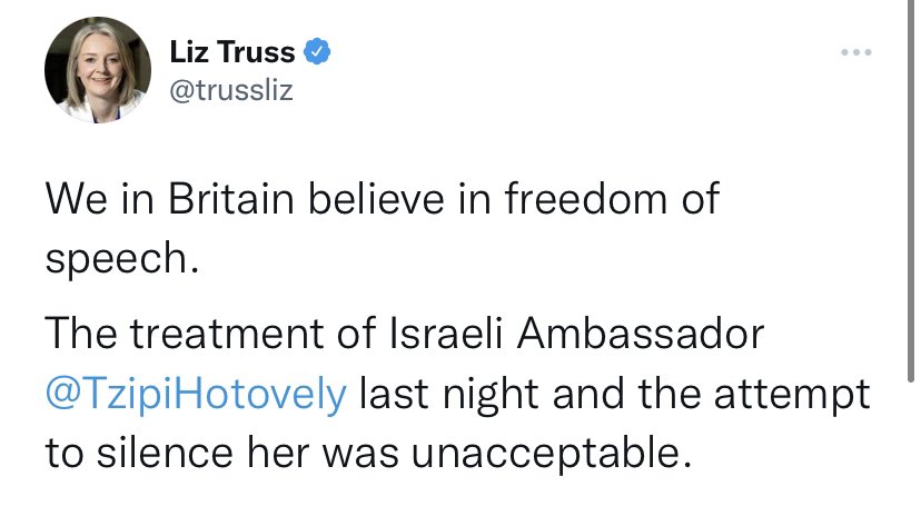 JewishChron's tweet photo. Senior politicians have reacted to last nights incident at LSE with @pritipatel calling it “disgusting” and @trussliz saying attempts to silence @TzipiHotovely were “unacceptable” 

Read more here: https://t.co/iZ5E0kg4x8 https://t.co/oLJaFDrAR3