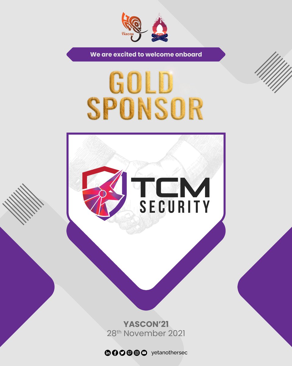 Privileged to Welcome onboard TCM Security as our Gold Sponsor for YASCON 2021. <a href="/thecybermentor/">Heath Maverick Adams</a> 

YASCON 2021 will be streamed LIVE on Nov 28, follow the link for free registration: yetanothersec.com/yascon2021/reg…
#yascon2021 #securityawareness #conference2021 #cybersecurity