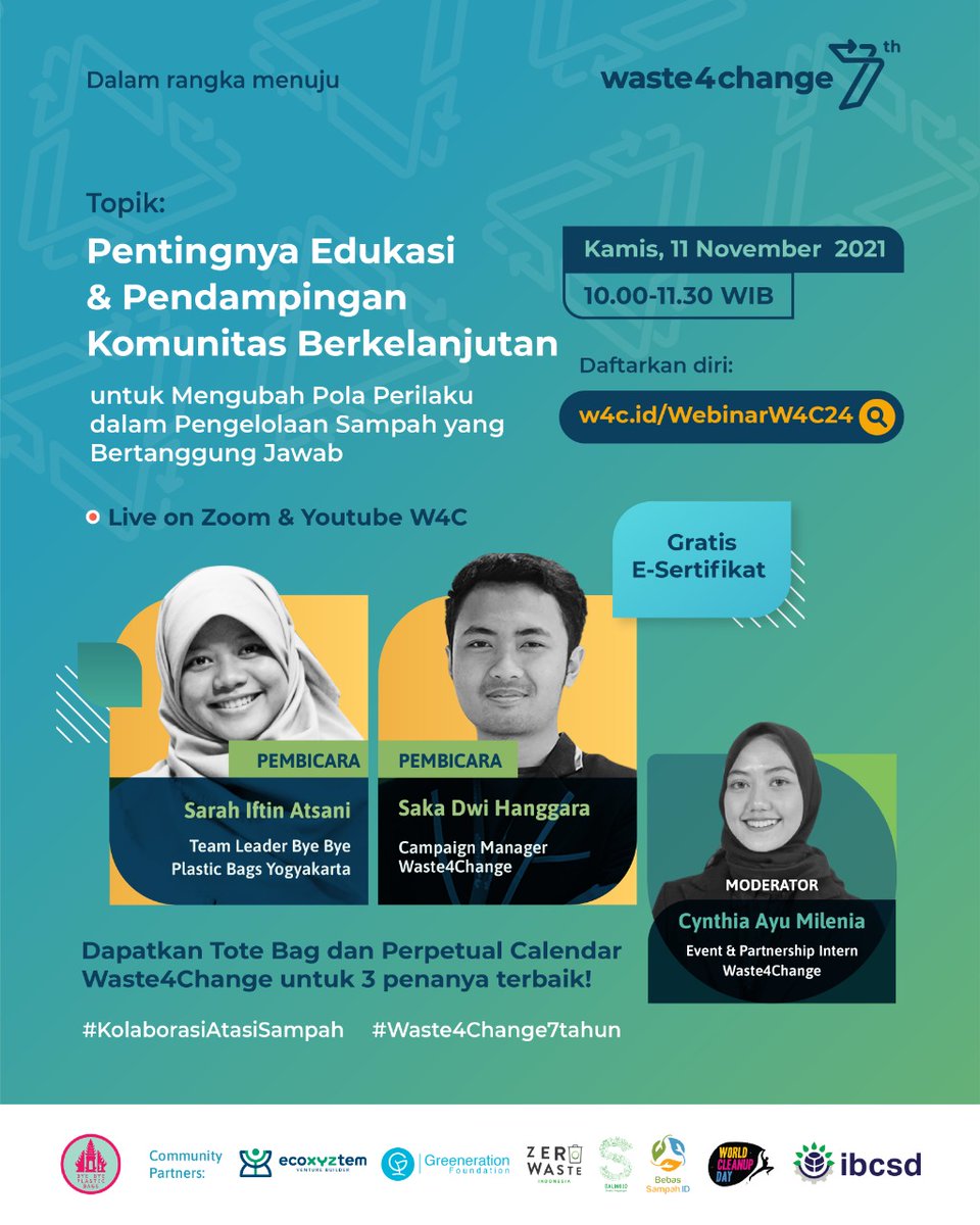 IBCSD2011's tweet photo. Sebagai wadah, salah satu memeber IBCSD, @waste4change mengadakan webinar bersama @BBPB_bali seputar pentingnya edukasi dan pendampingan komunitas untuk mengubah pola perilaku dalam pengelolaan sampah yang bertanggung jawab.

Pengen Ikutan? https://t.co/pNWNRHvQhE