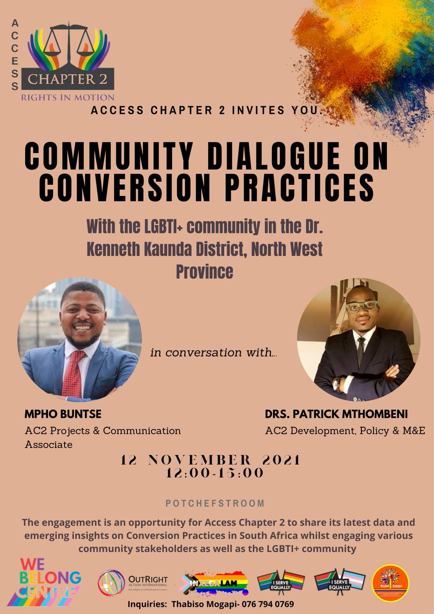 AccessChapter2's tweet photo. Join us this weekend for a public engagement session in Potchefstroom on a study conducted by AC2 on Conversion Practices
#WeBelongCentre #No2Conversion #LGBTmatters https://t.co/rTsp22geDz