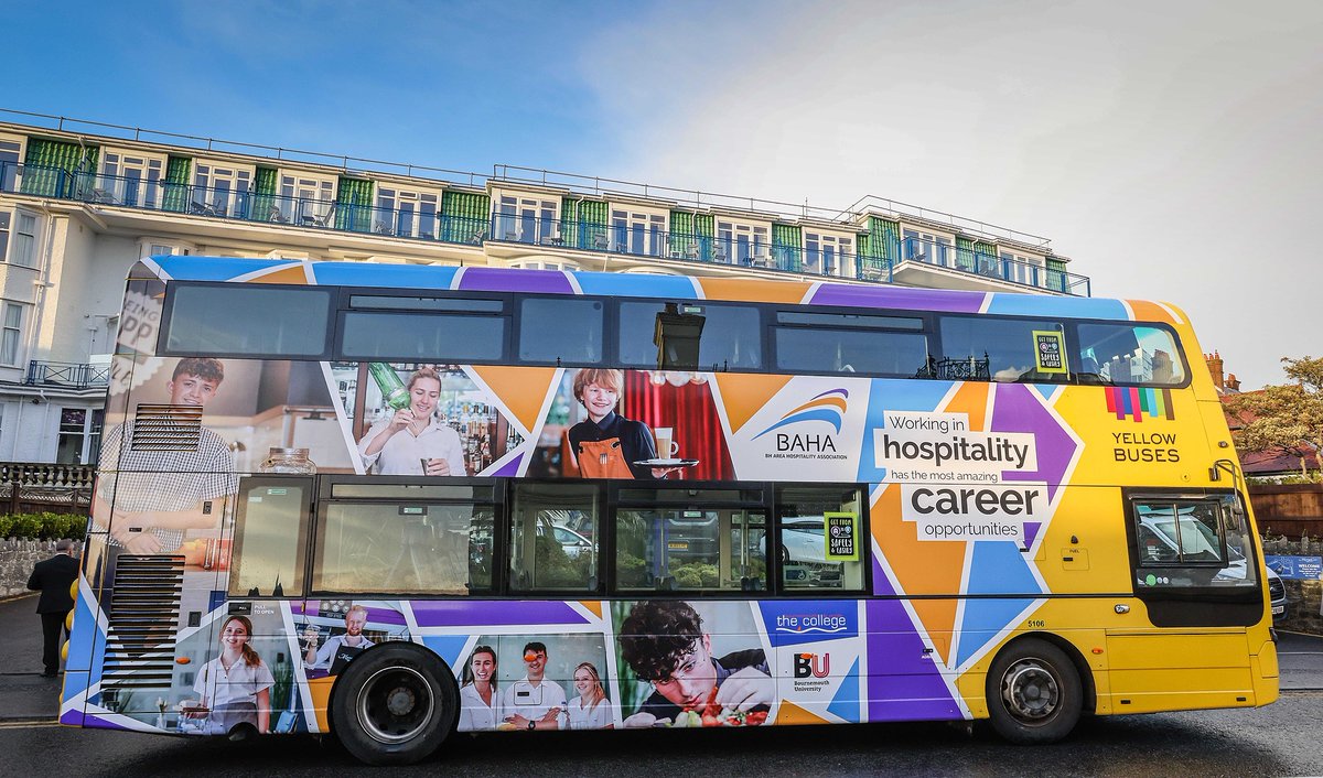 BHAreaBAHA's tweet photo. Look out for our specially wrapped Yellow Bus touring hotels today. If you spot us we would love you to take a photo and send it to us. The best photo will win chocolates and fizz when the competition ends on 30/11. #hospitality #workinhospitality #Bournemouth #Christchurch https://t.co/dF8IuWlS0w
