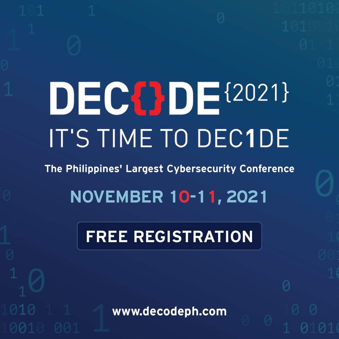 mindanaoan's tweet photo. Would you like to know how you and/or your business can be free from the worries of #cybersecurity threats? Join DECODE 2021 on November 10-11 - the premier cybersecurity conference in the Philippines hosted by Trend Micro ๐๐ผ ย https://t.co/DodpLZHauR
#decode2021 #decodeph2021 https://t.co/KZZi46pTor
