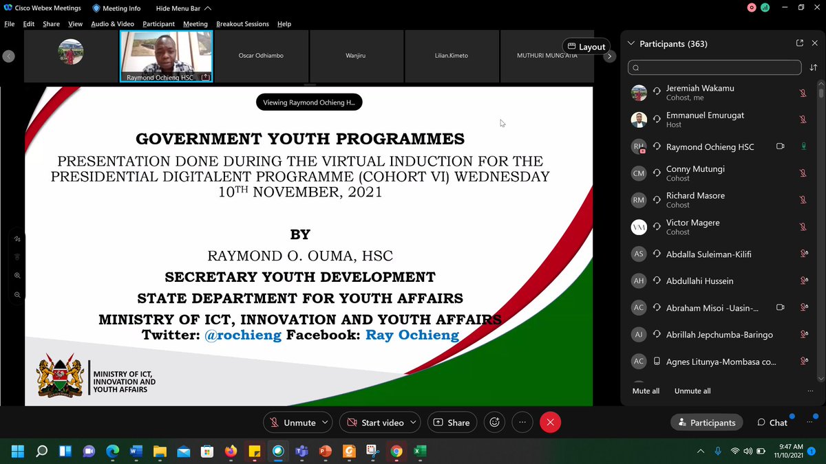 DigiTalentKenya's tweet photo. Day 3 of Virtual #PDTPCohortVI Induction
@rochieng Secretary of Youth Affairs addressing and motivated #PDTPInterns
#DigitalentInduction #EmergingICTTrends #BearersOfTheDigitalPromise @ICTAuthorityKE @MoICTKenya https://t.co/eiYq6otg0l