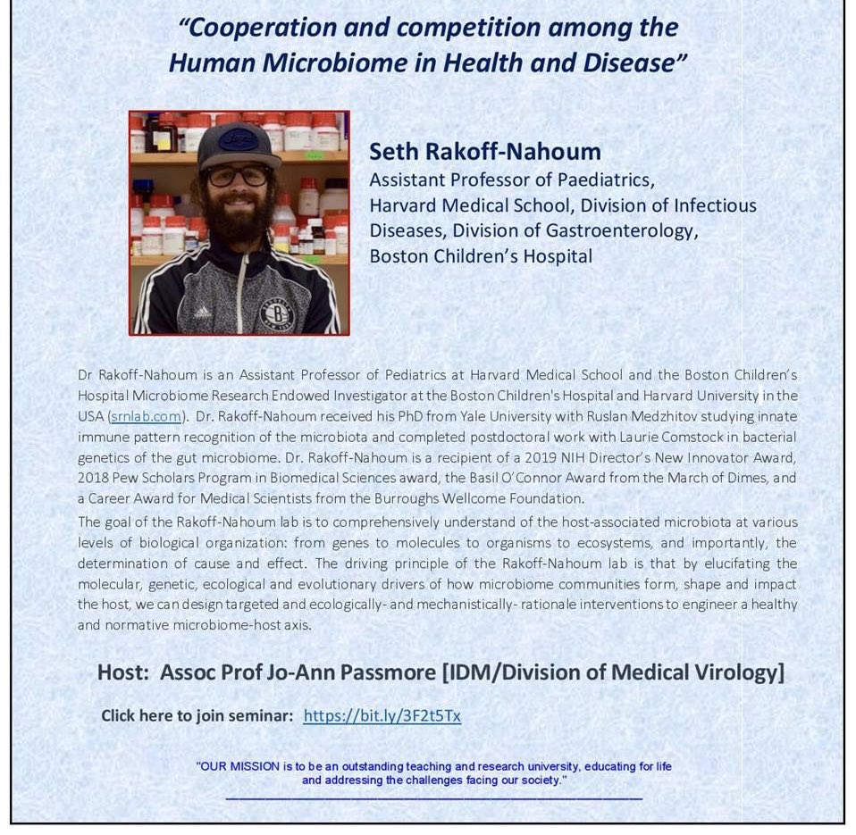 GIFT_for_Africa's tweet photo. Today we are hosting the brilliant Seth Rakoff-Nahoum for a #uctidm Wednesday seminar on cooperation and competition that shapes the female reproductive tract microbiome in health and disease - seminar starts at 2pm SAST and all welcome! #caprisa #UCT https://t.co/xVxSNRN3Bi