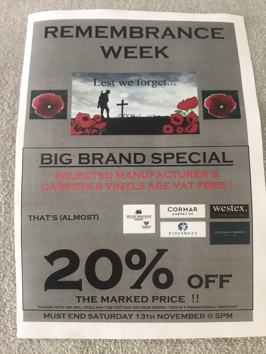 ClassicFloorltd's tweet photo. Did you know we have (almost) 20% off selected manufacturer’s carpets this week as part of our Remembrance Week Special. It just end Saturday 13th November - so please be quick !    #carpets #pangbourne #goring #woodcote #whitchurch #theale #tilehurst https://t.co/Yrr0hWk6T2