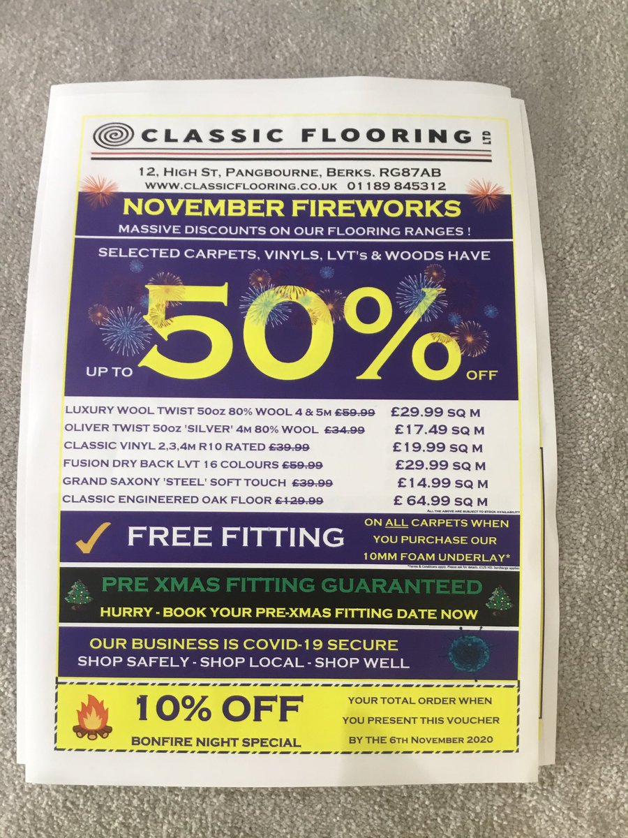 ClassicFloorltd's tweet photo. Did you know we have (almost) 20% off selected manufacturer’s carpets this week as part of our Remembrance Week Special. It just end Saturday 13th November - so please be quick !    #carpets #pangbourne #goring #woodcote #whitchurch #theale #tilehurst https://t.co/Yrr0hWk6T2