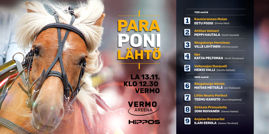 Lauantaina kannattaa suunnata Vermo Areenalle jo klo 12.30. Pararavi- ja pararatsastusurheilijoille on luvassa ikimuistoinen kokemus ravilähdöstä, kun he starttaavat 1120 metrin kilpailuun. Kokeneet raviammattilaiset varmistavat koppakärryissä kilpailun turvallisuuden. #ravit