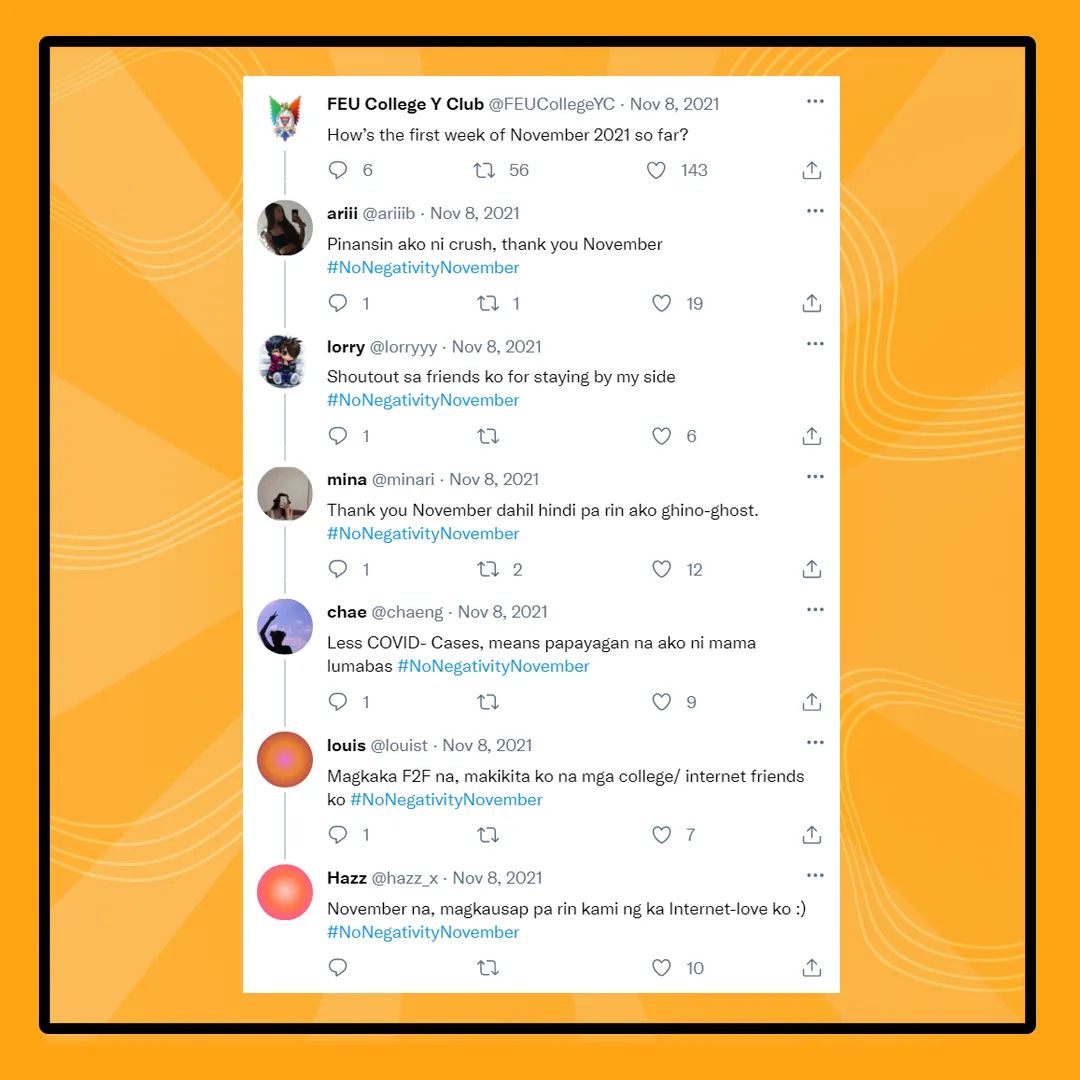 FEUCollegeYC's tweet photo. As the month of November starts, the FEU College-Y Club wants to continue uplifting the spirits of the tamaraws and remind everyone of the things that we must be asking ourselves once in a while to remain positive no matter what happens. 

That being said, we are inviting https://t.co/58UHfIEpbf