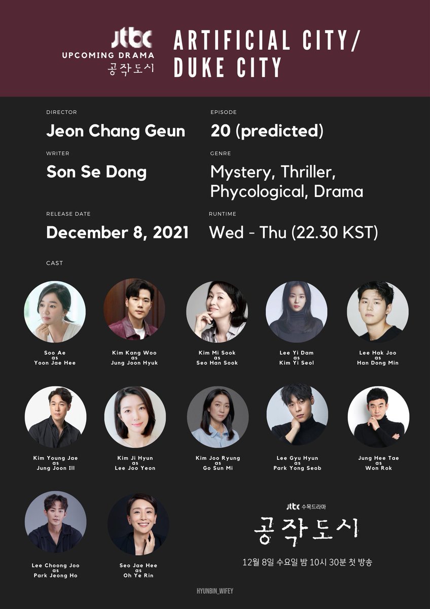 ✨ JTBC UPCOMING DRAMA ✨

Title : #공작도시/#ArtificialCity/#DukeCity/#SabotageCity
Ep : 20,- (predicted)
First ep : December 8, 2021.

Cast :
#SooAe #KimKangWoo #KimMiSook #LeeYiDam #LeeHakJoo #KimYoungJae #KimJiHyun #KimJooRyung #LeeGyuHyun #JungJeeTae #LeeChoongJoo #SeoJooHee