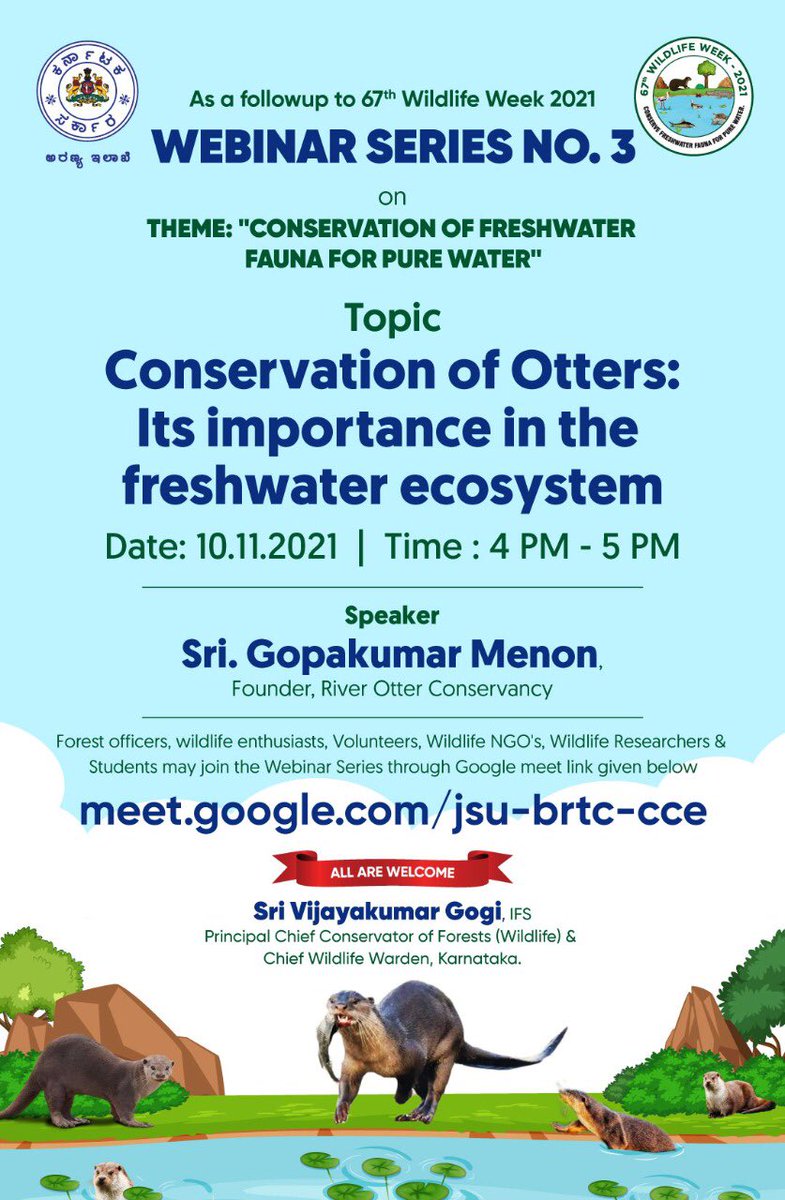 The Karnataka Forest Department has arranged a webinar series as a follow up to the 67th wildlife week. 

ಕರ್ನಾಟಕ ಅರಣ್ಯ ಇಲಾಖೆಯು 67 ನೇ ವನ್ಯಜೀವಿ ಸಪ್ತಾಹದ ಅನುಸಾರವಾಗಿ ವೆಬಿನಾರ್ ಸರಣಿಯನ್ನು ಏರ್ಪಡಿಸಿದೆ.

<a href="/UMESH_V_KATTI/">SHRI UMESH. VISHWANATH. KATTI</a>
<a href="/Bandipur_TR/">Bandipur Tiger Reserve</a> <a href="/nagaraholetr/">Nagarahole Tiger Reserve</a> <a href="/brt_tiger/">BRT TIGER RESERVE</a> <a href="/TigerBhadra/">Bhadra Tiger Reserve</a> <a href="/kudremukh_wild/">.</a>