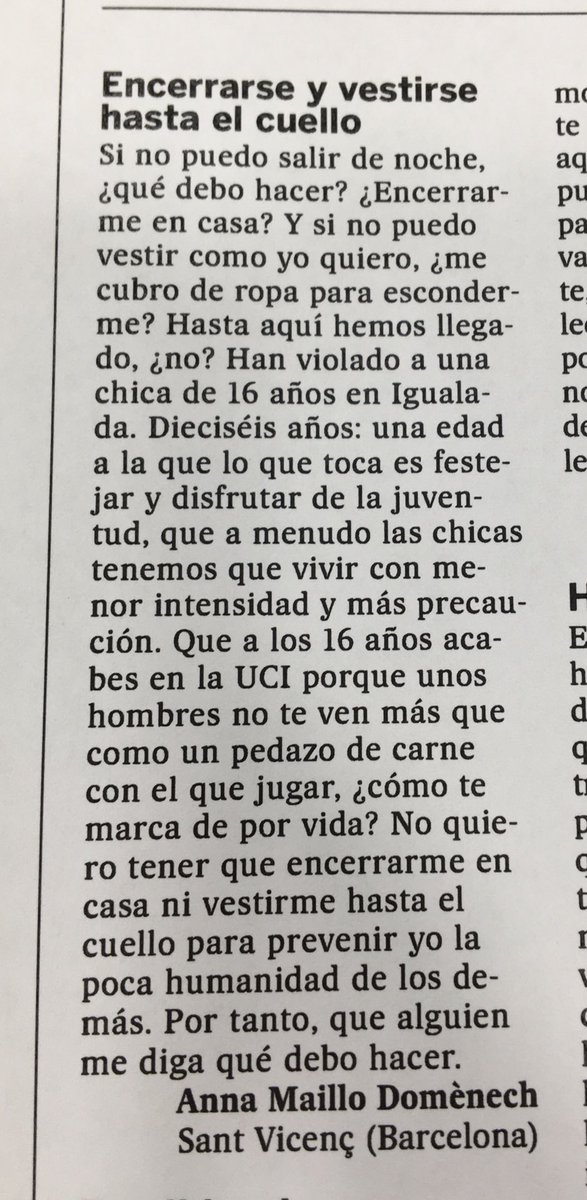 FeministaHuesca's tweet photo. ¿Qué debo hacer? ¿Encerrarme en casa?

Carta a la directora de El País. 
#ViolenciaSexual https://t.co/Go6W79uhB5